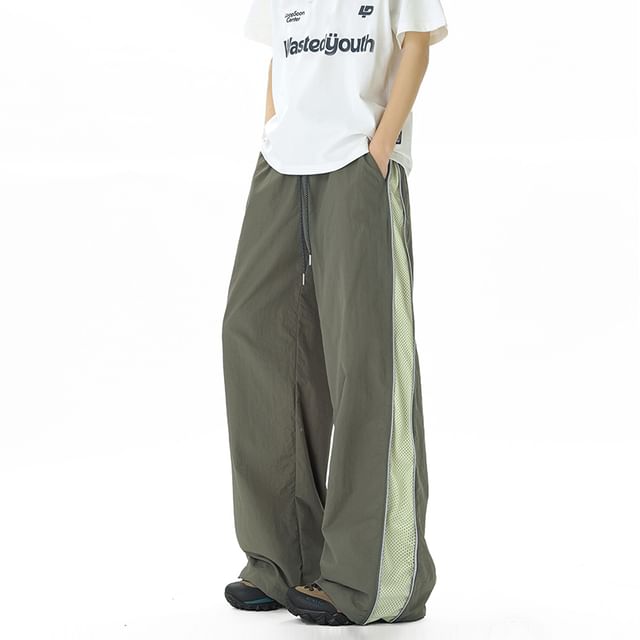Koiyua-Drawstring Waist Panel Mesh Wide Leg Pants