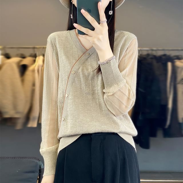 Dragan Pulse-Long-Sleeve V-Neck Contrast Trim Asymmetrical Button Chiffon Panel Knit Top