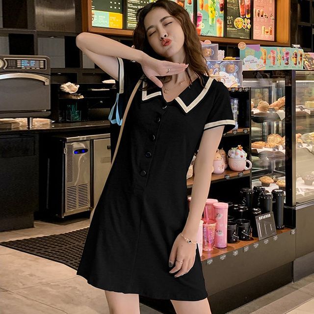 navy blue dress for baby girl Charming Evening Dress A-Line V-Neck Knee-Length Short Sleeves Lace-Up Pleated Satin Fabric Cocktail Dress Little Black Dress main image 0
