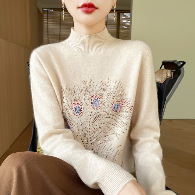 Weelop-Long-Sleeve Mock Neck Rhinestone Knit Top