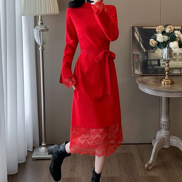 EFO - Long-Sleeve Mock Neck Plain Lace Trim Midi Sheath Dress | YesStyle
