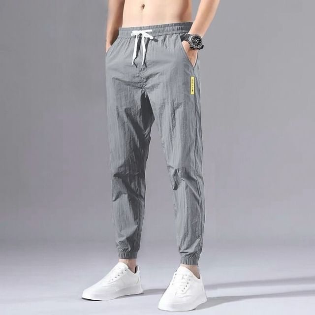 Lingaris-Drawstring Waist Plain Tapered Pants