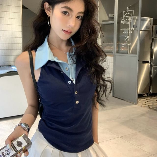 Whoosh-Sleeveless Collared Mock Two Piece Polo Shirt