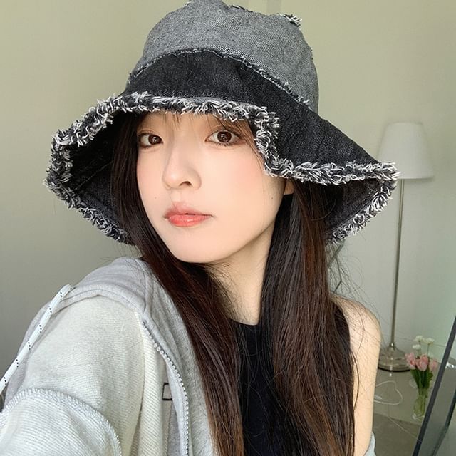 4-4 STUDIO-Distressed Washed Denim Bucket Hat