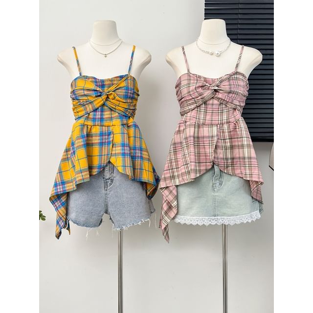 Lemongrass-Plaid Knotted Peplum Top
