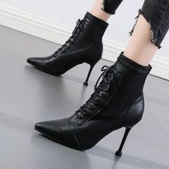 Anran - Pointy-Toe High-Heel Lace-Up Short Boots Anran - Pointy-Toe High-Heel Lace-Up Short Boots