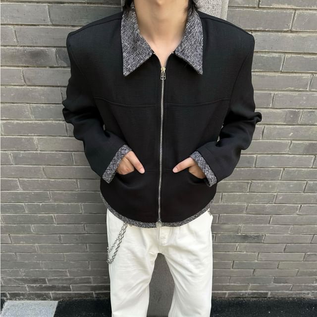 DragonRoad-Collared Panel Tweed Zip Jacket