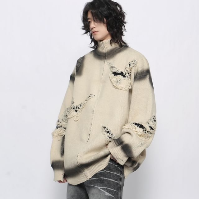 Derbundy-Turtleneck Two Tone Distressed Oversized Zip Cardigan