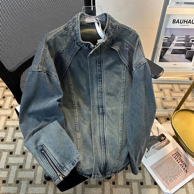 Plummie-Drop Shoulder Band Collar Washed Denim Oversized Zip Jacket
