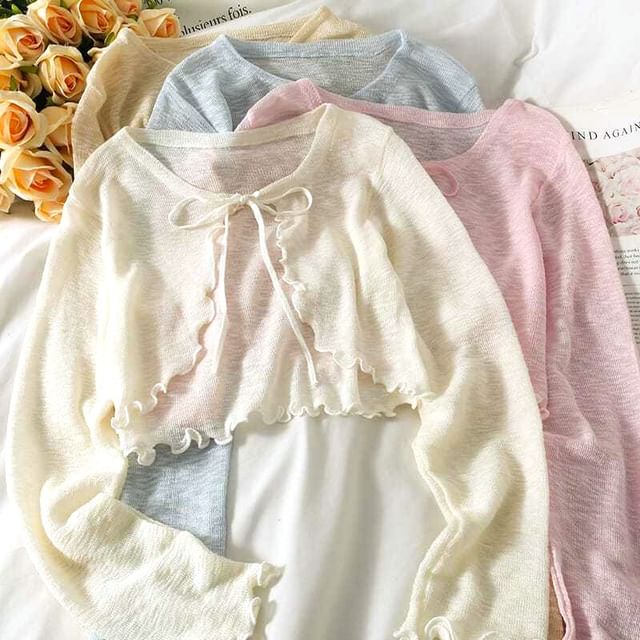 DIYI-Plain Lettuce Edge Lace-Up Cardigan