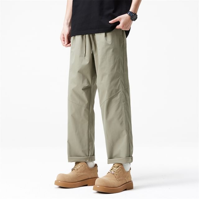 Lefitt-Drawstring Waist Plain Straight Leg Pants