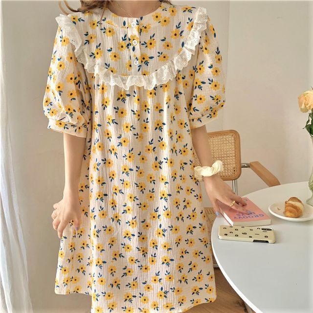 Puff-Sleeve Lace Trim Floral Pajama Dress