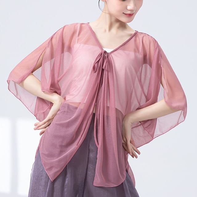 femmal-Flutter Sleeve V-Neck Plain Tie Front Mesh Top
