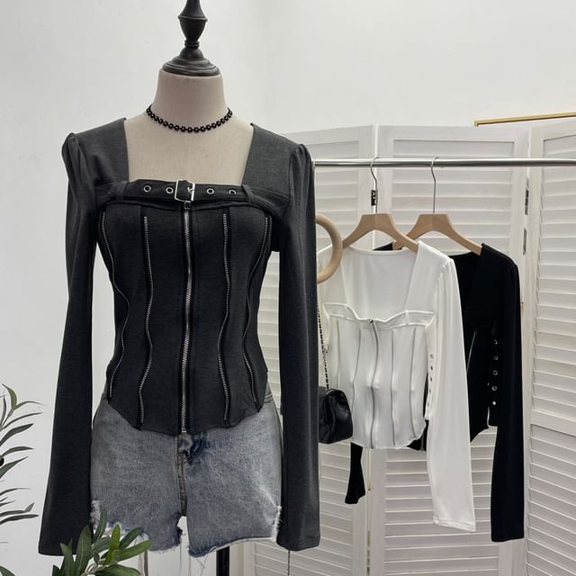 Allinya-Long-Sleeve Square Neck Plain Buckled Zip-Up Crop Top