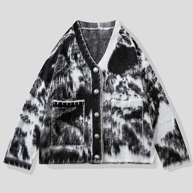 purplelouve-V-Neck Tie Dye Button Cardigan