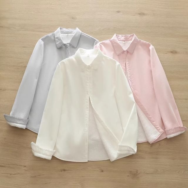 PANDAGO-Collared Plain Fleece Lined Shirt