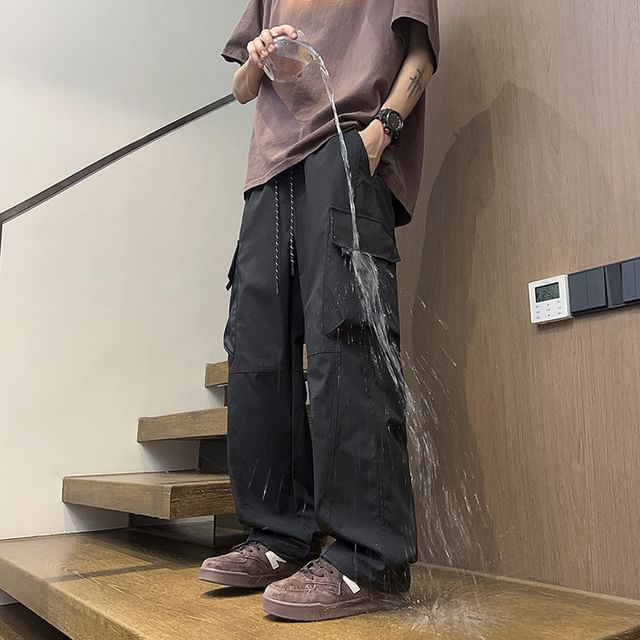 Dandyluxe-Drawstring Waist Plain Cargo Straight Leg Pants