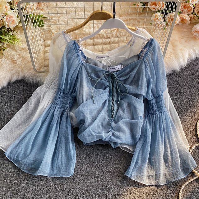 Yearnin Bell Sleeve Lace-Up Chiffon Blouse YesStyle