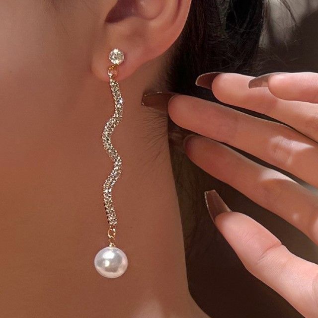 Seirios-Rhinestone Faux Pearl Dangle Earring