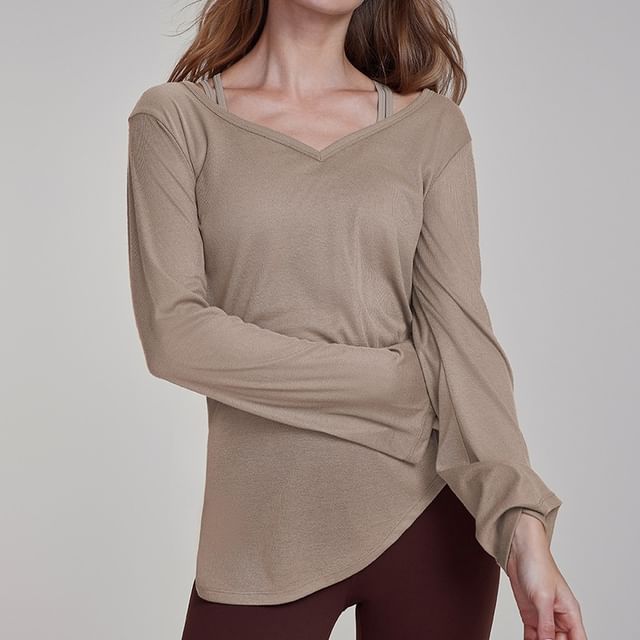 femmal-Long-Sleeve V-Neck Plain Asymmetrical Drawstring T-Shirt