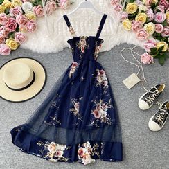 Yearnin - 網紗拼接碎花抹胸無袖連衣裙 Yearnin - 網紗拼接碎花抹胸無袖連衣裙