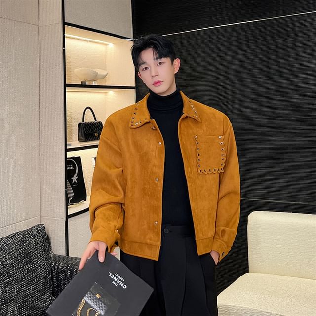 Patow-Plain Grommet Faux Suede Single-Breasted Jacket