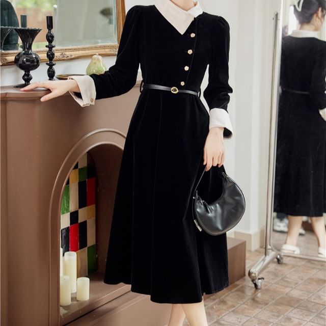 Nebbia-Set Long Sleeve Collared Two Tone Button Velvet Midi A-Line Dress Belt