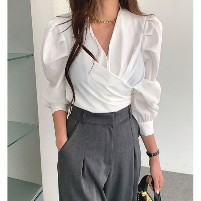 Jesong-Long-Sleeve V-Neck Plain Button-Up Wrap Blouse