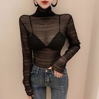long sleeve high neck mesh top