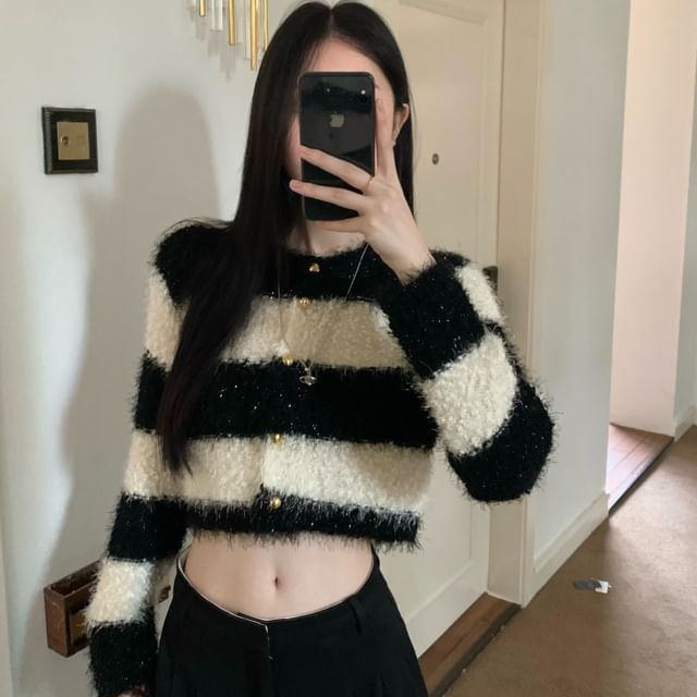 Beem-Round Neck Striped Fluffy Crop Cardigan