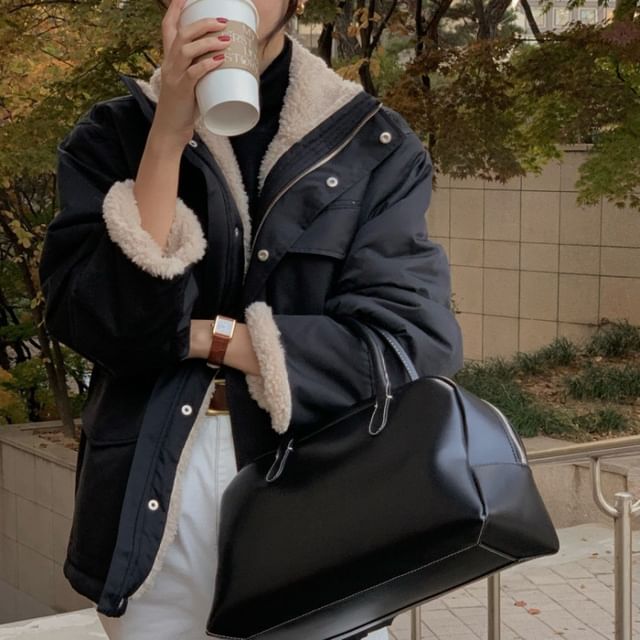 Jesong-Stand Collar Fleece-Lined Drawstring Waist Zip-Up Jacket