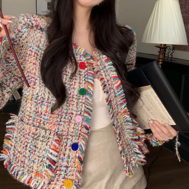 Beem-Tweed Tassel Trim Button-Up Jacket