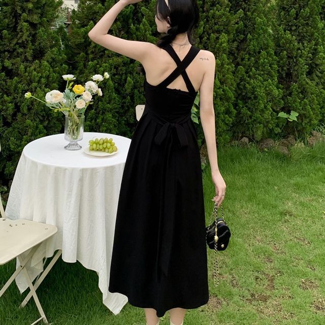 PINPI - Sleeveless Square Neck Plain Criss Cross Tie Back Pleated Midi A-Line Dress | YesStyle PINPI - Sleeveless Square Neck Plain Criss Cross Tie Back Pleated Midi A-Line Dress | YesStyle