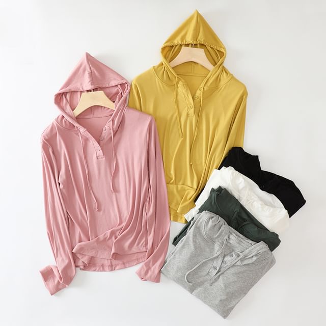 KUMI-Plain Drawstring Ribbed Hoodie