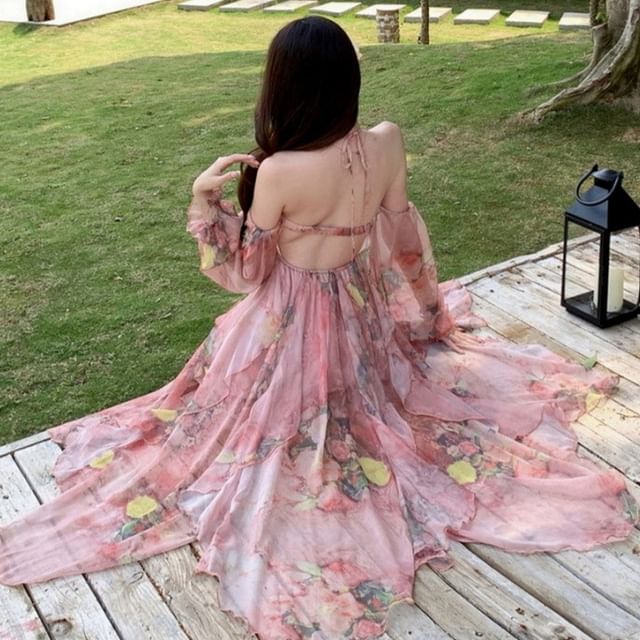 Egsy - Long-Sleeve Halter Neck Off-Shoulder Floral Print Frill Trim Open  Back Maxi A-Line Dress | YesStyle