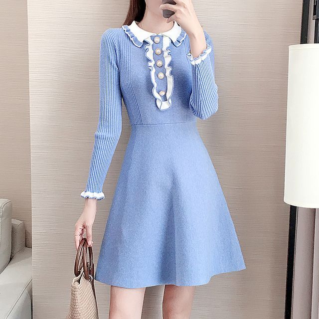Chetos - Long-Sleeve Collared Ruffled Mini A-Line Knit Dress | YesStyle