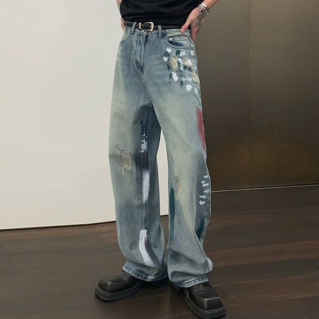 Adothuiastic-Mid Rise Paint Washed Straight Leg Jeans