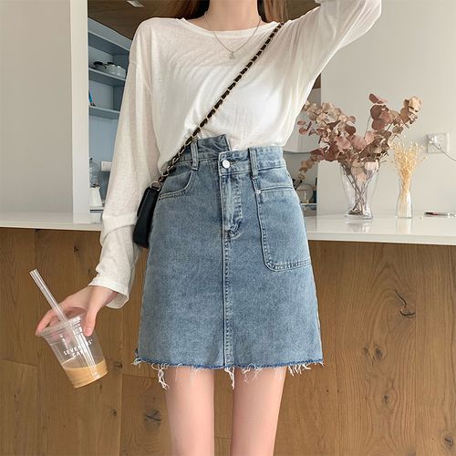 Puchee Frayed Denim Mini Pencil Skirt YesStyle