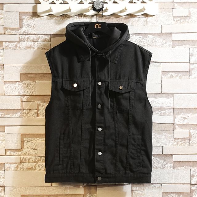 Ninine-Collared Mock Two-Piece Washed Hooded Button-Up Denim Vest