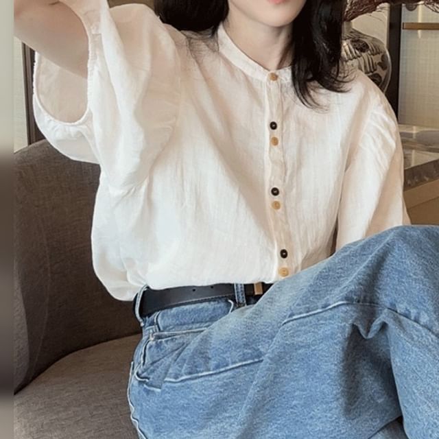 Bigfol-Short-Sleeve Band Collar Plain Blouse