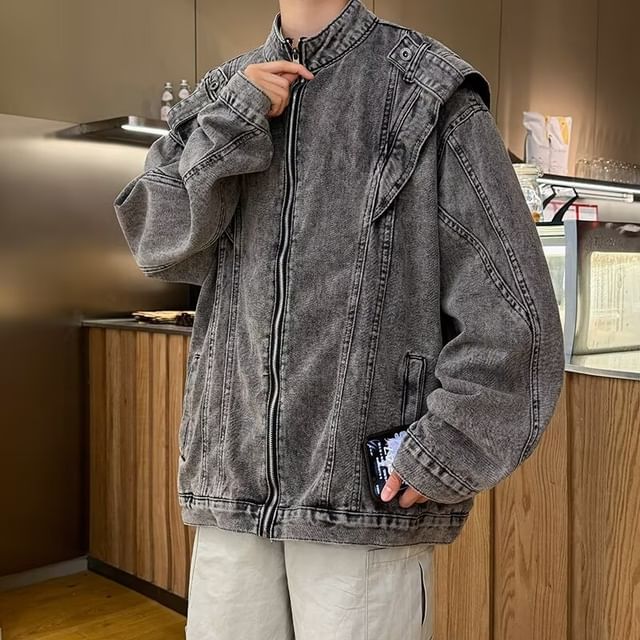 Ateso-Stand Collar Zip-Up Denim Jacket
