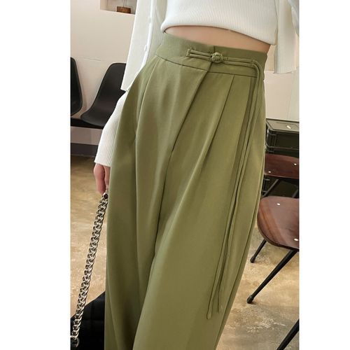 High Waist Plain Frog Buttoned Wide Leg Pants