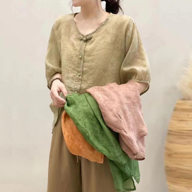Supernova-34-Sleeve V-Neck Plain Frog Buttoned Blouse