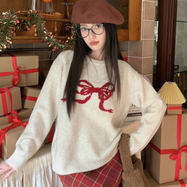 Phlobo LongSleeve Crew Neck Bow Print Sweater YesStyle