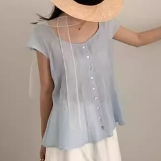 ISSOL-Cap-Sleeve Scoop Neck Button-Up Plain Blouse