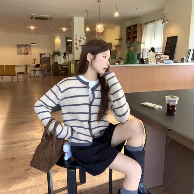 ANORA-Round Neck Striped Toggle Cardigan