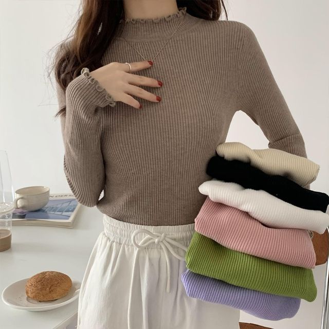 lettuce edge mock neck knit top