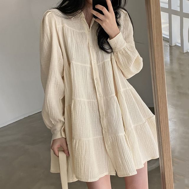 Sienne-Long-Sleeve Collared Plain Tiered Button Mini A-Line Dress