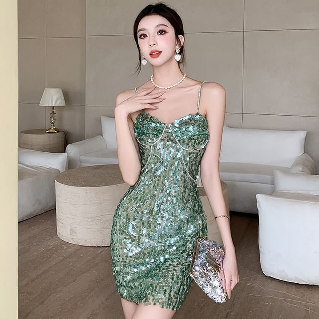 Hasu - Spaghetti Strap Sequin Mini Bodycon Dress | YesStyle Hasu - Spaghetti Strap Sequin Mini Bodycon Dress | YesStyle