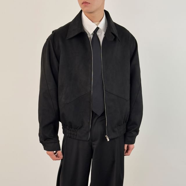 DragonRoad-Collared Zip-Up Plain Faux Suede Jacket